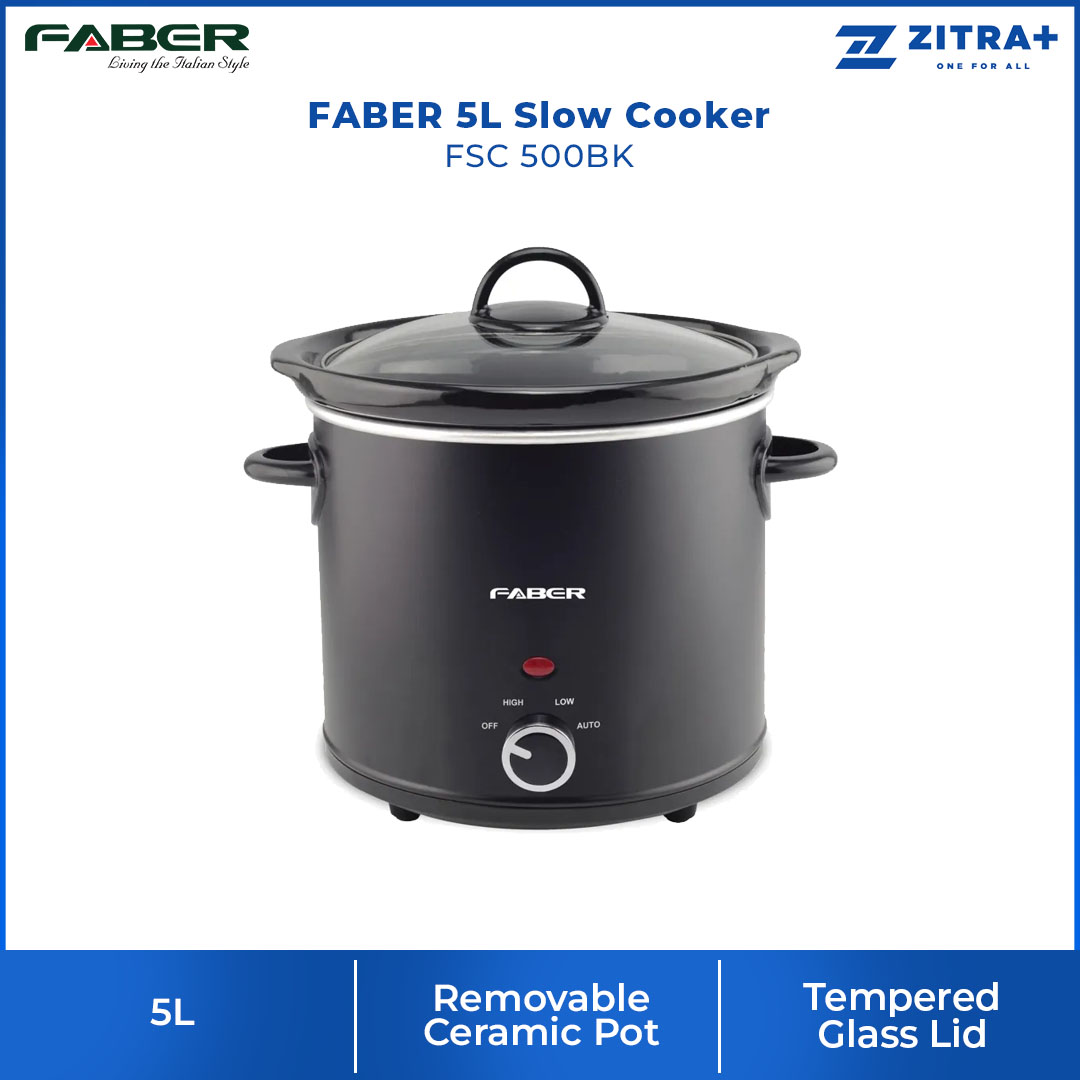 FABER 3L/5L Slow Cooker FSC 300BK/FSC 500BK | Hi & Lo Modes with Auto Switch | Removable Ceramic Pot | Tempered Glass Lid | Cooker With 1 Year Warranty