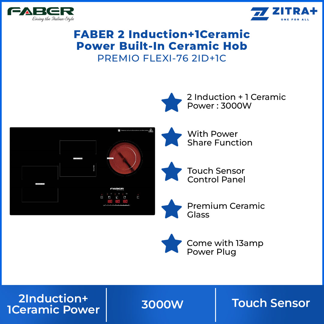 FABER 2Induction+1Ceramic Power Built-In Ceramic Hob PREMIO FLEXI-76 2ID+1C | Touch Sensor Control Panel