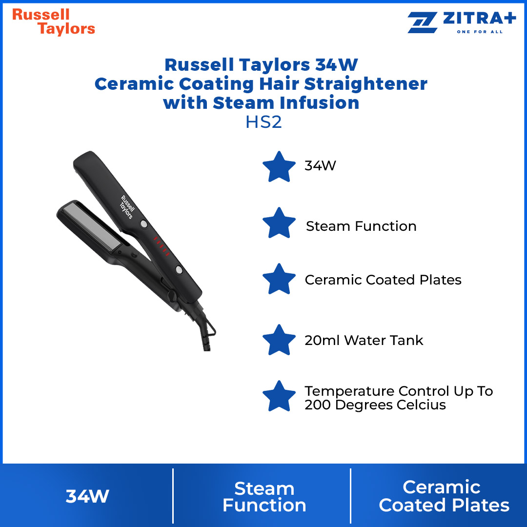 Russell Taylors 34W Ceramic Coating Hair Straightener with Steam Infusion HS2 | 20ml Water Tank | Cutting Edge Features | Hair Straightener with 2 Year Warranty