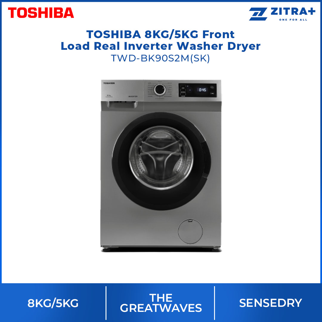 TOSHIBA 8/5KG Real Inverter Front Load Washer Dryer TWD-BK90S2M / TWD-BK90S2M(SK) | 1 Hour Quick Wash & Dry | THE GREATWAVES | Washer Dryer with 2 Year General & 10 Year Motor Warranty