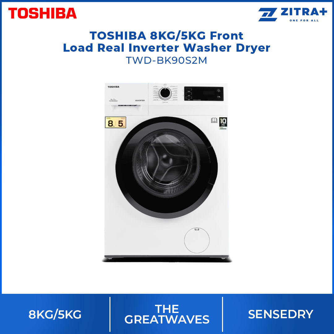 TOSHIBA 8/5KG Real Inverter Front Load Washer Dryer TWD-BK90S2M / TWD-BK90S2M(SK) | 1 Hour Quick Wash & Dry | THE GREATWAVES | Washer Dryer with 2 Year General & 10 Year Motor Warranty
