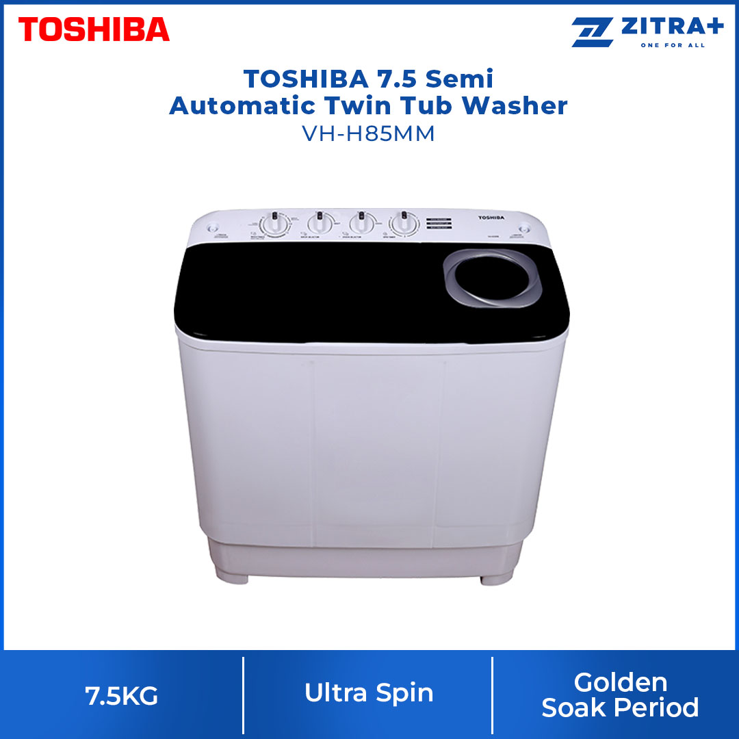 TOSHIBA 7.5KG/8.5KG Semi Automatic Twin Tub Washer VH-H85MM/VH-H95MM | High Blades Pulsator | Rust Free Body | Ultra Spin | Golden Soak | Washing Machine with 2 Year Warranty