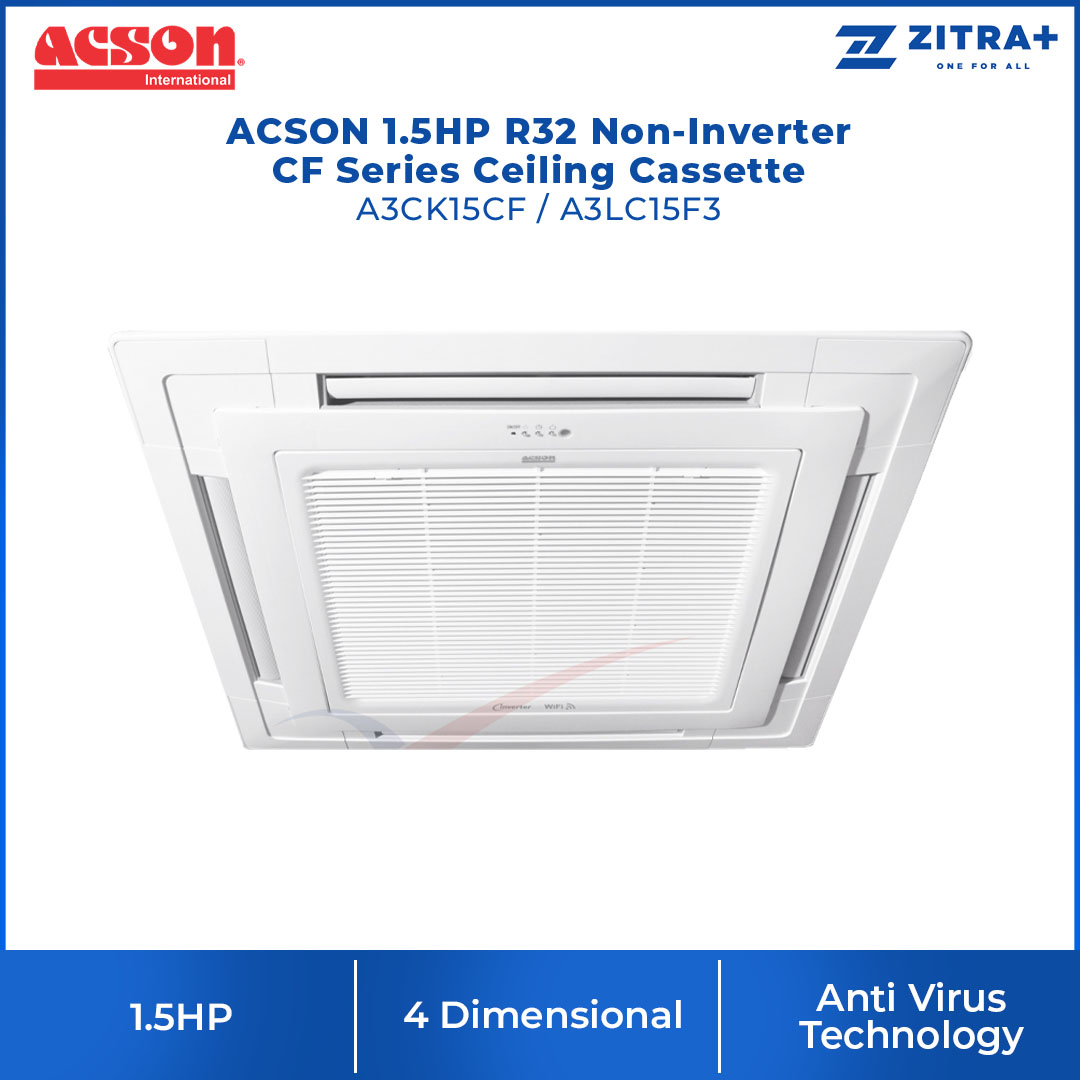 ACSON 1.5HP R32 Non-Inverter CF Series Ceiling Cassette (Indoor) A3CK15CF / A3LC15F3 | 4 Dimensional Cooling Comfort | Sleep Mode | Plusma Technology | Ceiling Cassette with 1 Year Warranty