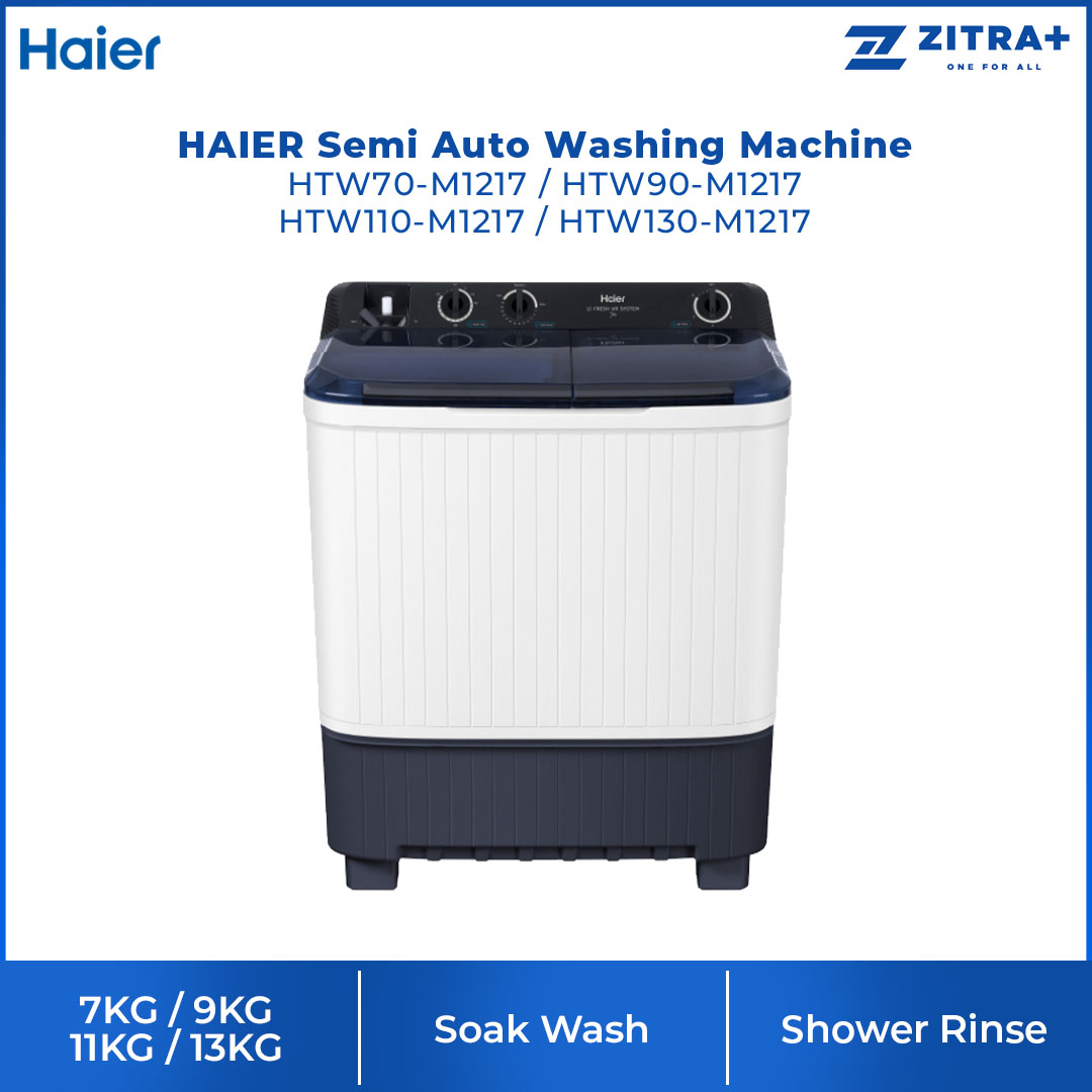 HAIER 7KG/9KG/11KG/13KG Semi Auto Washing Machine HTW70-M1217/HTW90-M1217/HTW110-M1217/HTW130-M1217 | Soak Wash | Shower Rinse | Air Dry | Transparent Top Lid | Rat Guard Baseplate | Washing Machine with 2 Year Warranty