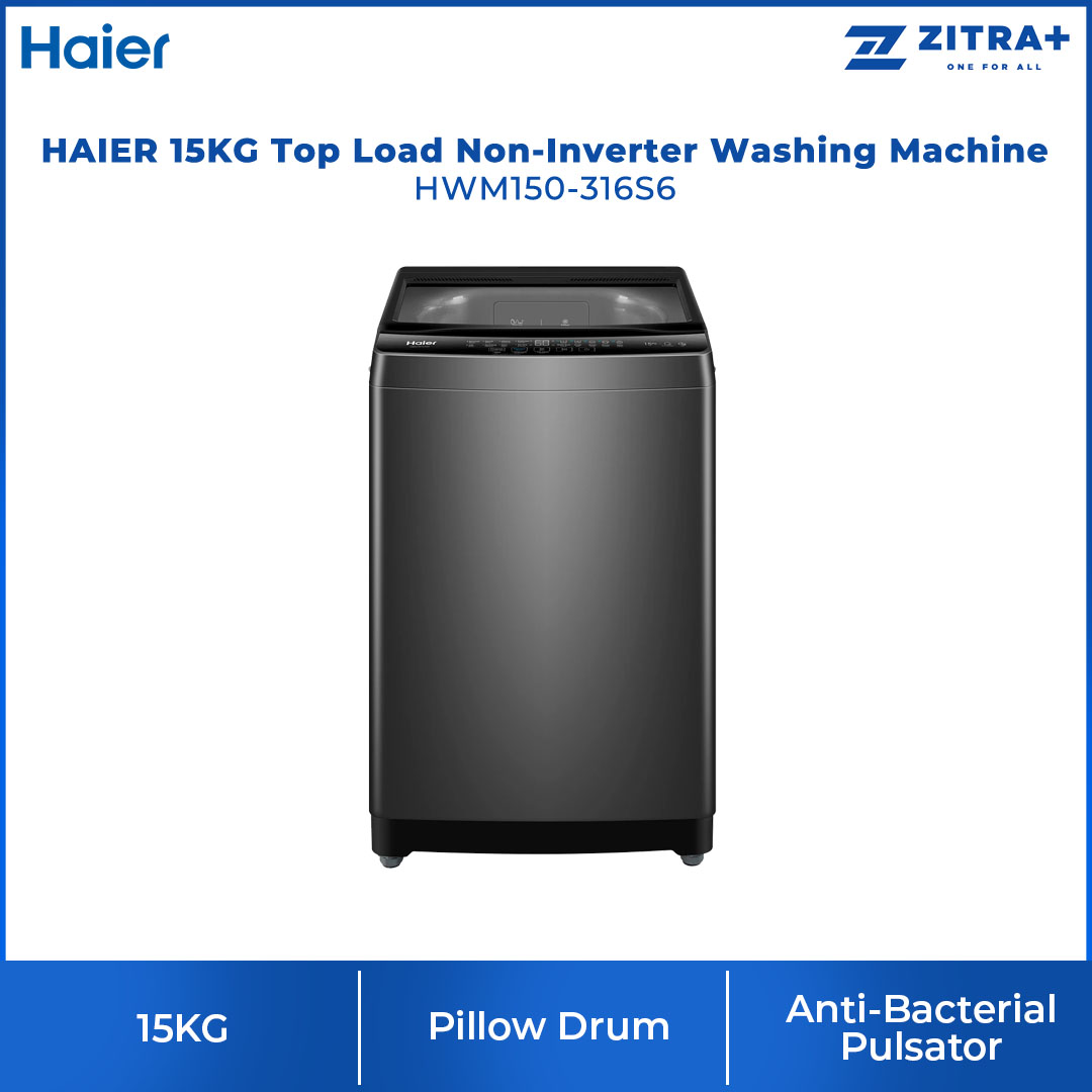 HAIER 12KG / 15KG Top Load Non-Inverter Washing Machine | HWM120-316S6 / HWM150-316S6 | Pillow Drum | Hijab Mode | Soft Closing Tempered Glass Lid | Washing Machine with 2 Year Warranty