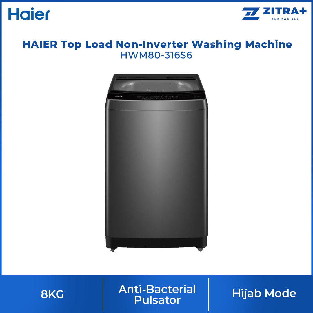 HAIER 8KG Top Load Non Inverter Washing Machine HWM80-316S6 | Anti-Bacterial Pulsator | Auto Restart | Hijab Mode | Pillow Drum | Washing Machine with 2 Years Warranty