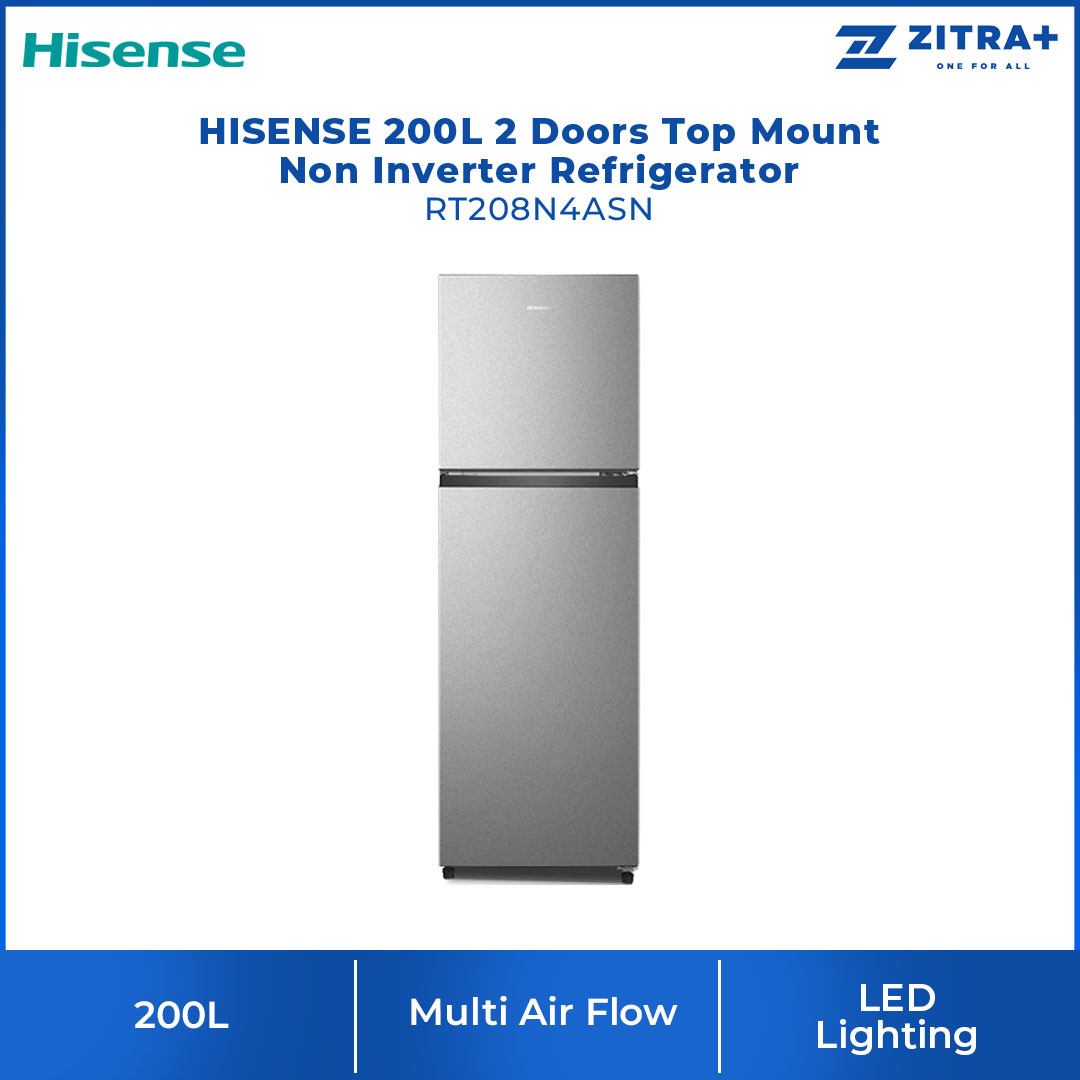 HISENSE 200L 2 Doors Top Mount Non Inverter Refrigerator RT208N4ASN | 90° Door Design | LED Lighting :Illuminate Every Corner | Big Door Balcony | Multi Air Flow | Refrigerator with 2 Years Warranty