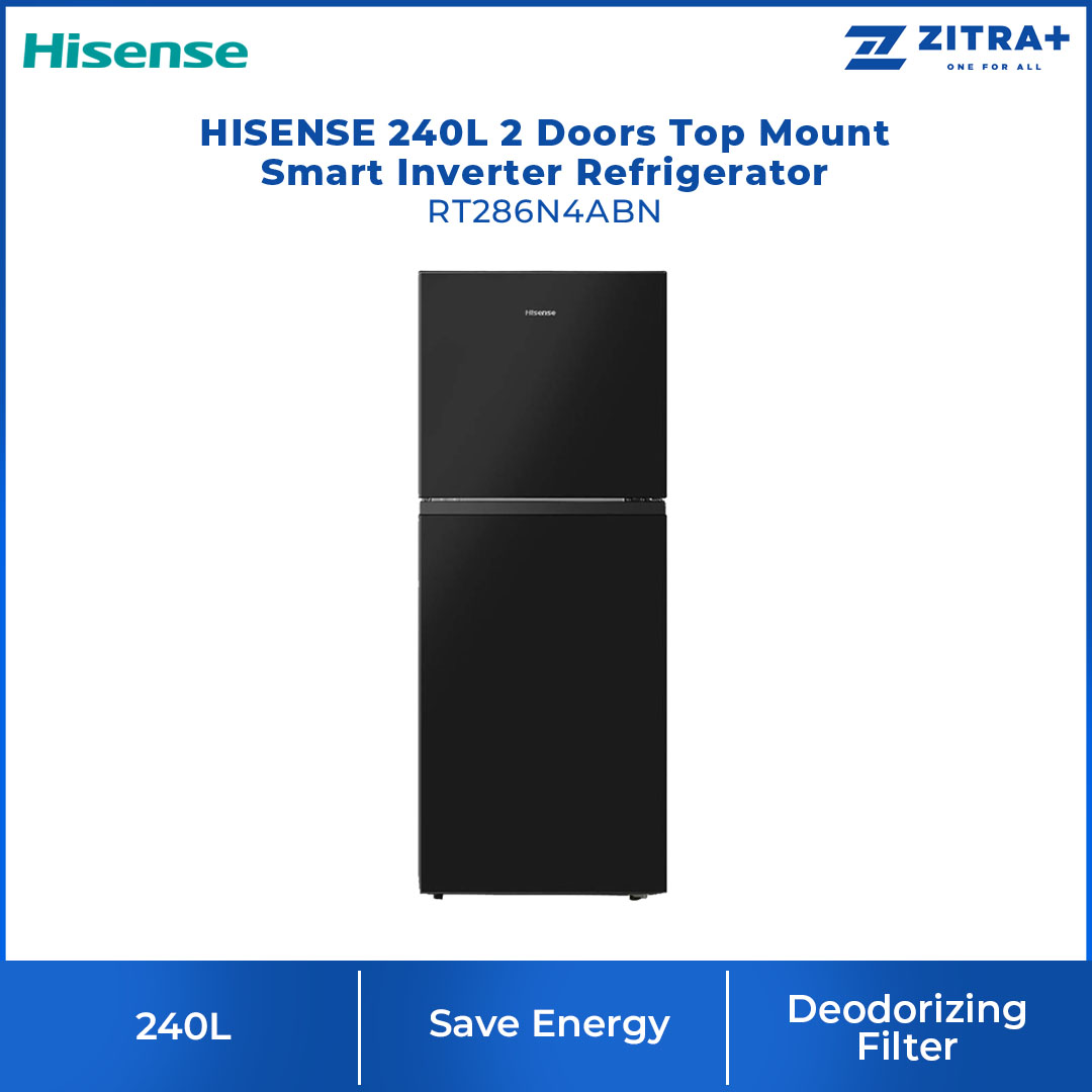 HISENSE 240L 2 Doors Top Mount Smart Inverter Refrigerator RT286N4ABN | Big Shelves - XXL Door Balcony | LED Lighting | Save Energy | Deodorizing Filter | Refrigerator with 2 Years Warranty