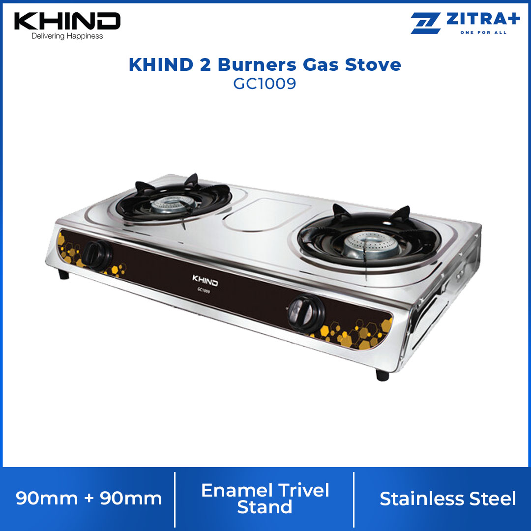 KHIND 2 Burners Gas Stove GC1009 | Beehive Burner Head | Stainless Steel Body | Enamel Trivel Stand | Gas Stove with 1 Year Warranty