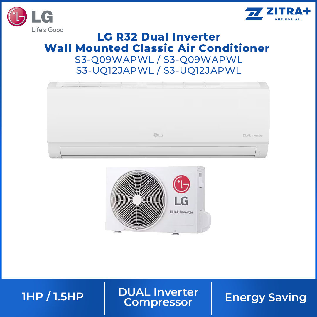 LG 1.0HP/1.5HP R32 Dual Inverter Wall Mounted Classic Air Conditioner S3-Q09WAPWL/S3-Q12JAPWL | Environment-Friendly Refrigerant | Safety Against Voltage Fluctuation | Faster Cooling | | Air Conditioner with 1 Year Warranty