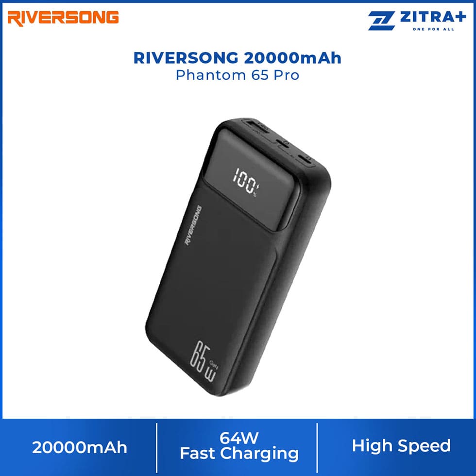 RIVERSONG 20000mAh Phantom 65 Pro | 64W Fast Charging | Wide Compatiblity | High Speed Laptop Power Bank | Power Bank with 1 Year Warranty