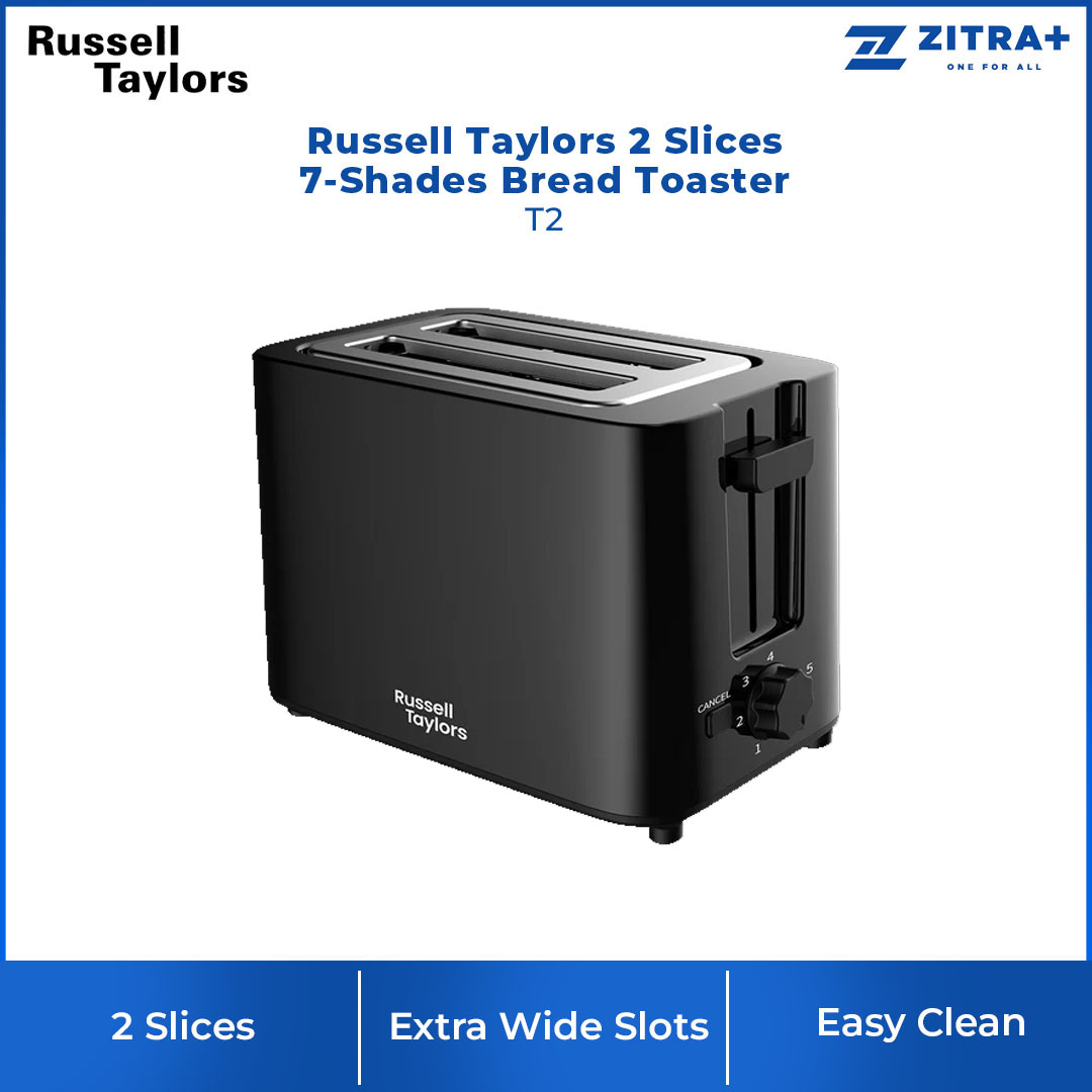 Russell Taylors 2 Slices 7-Shades Bread Toaster T2 |  7 Shade Settings | Extra Wide Slots | Auto Lift Up | Cancel Function |  Easy Clean Crumb Tray | Toaster with 2 Years Warranty