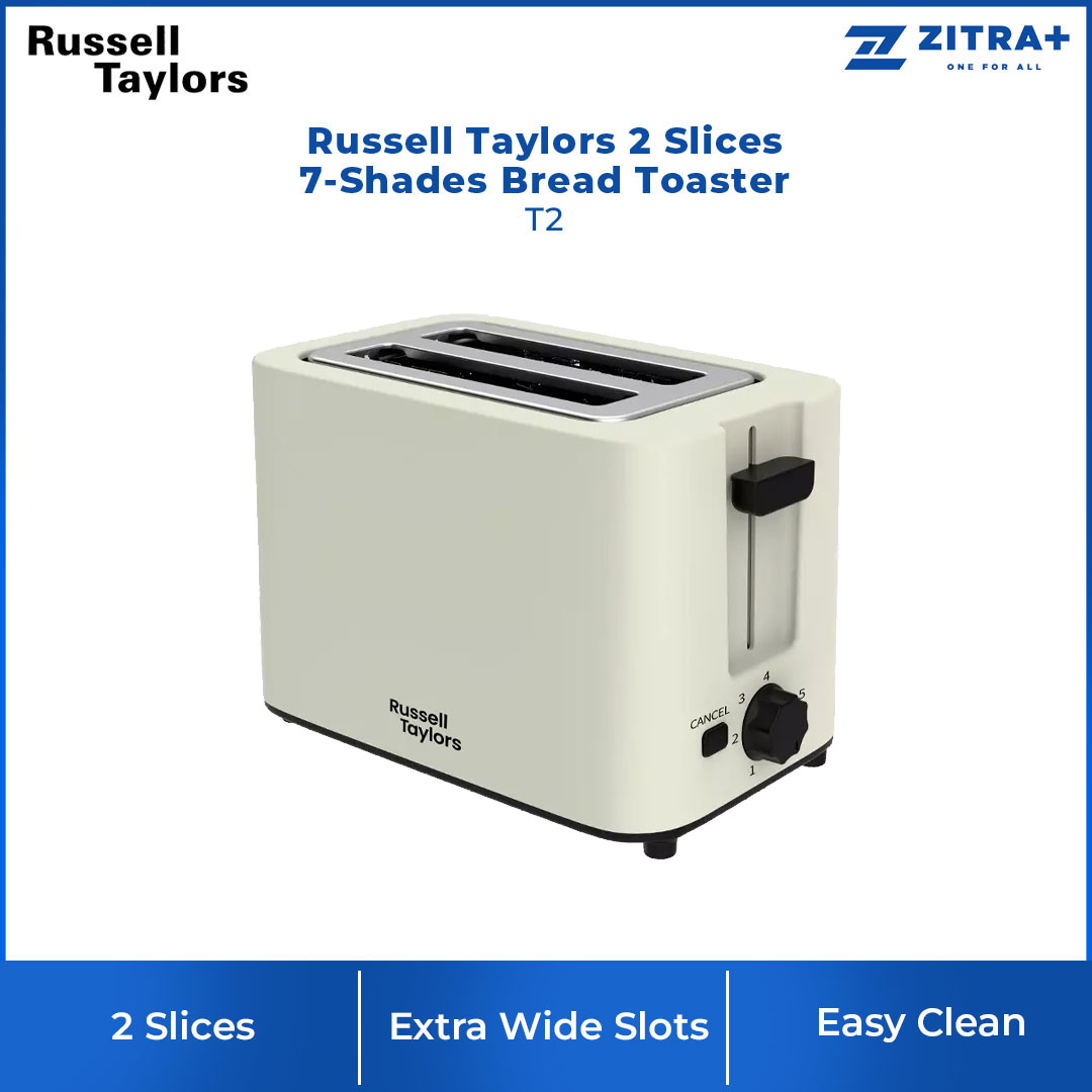 Russell Taylors 2 Slices 7-Shades Bread Toaster T2 |  7 Shade Settings | Extra Wide Slots | Auto Lift Up | Cancel Function |  Easy Clean Crumb Tray | Toaster with 2 Years Warranty