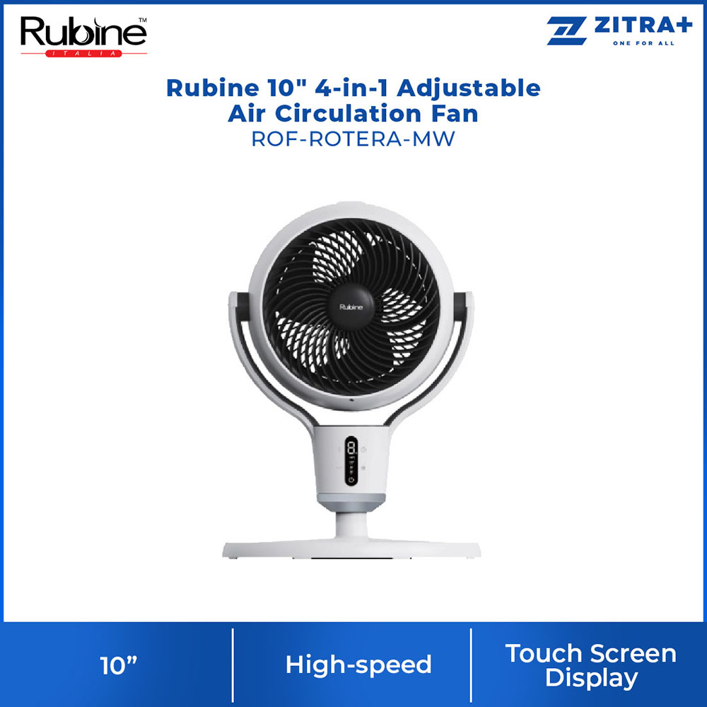 Rubine 10" 4-in-1 Adjustable Air Circulation Fan ROF-ROTERA-MW | 100° Vertical Swing Angle | High-torque Spiral Blades | High-speed and Long-distance Air Circulation up to 10m Distance | Fan with 1 Year Warranty