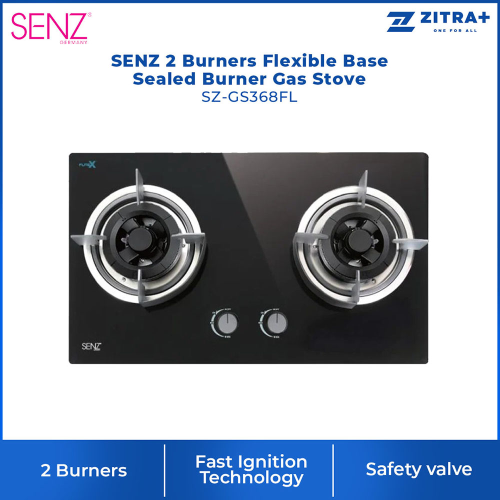 SENZ 2 Burners Gas Stove SZ-GS368FL / SZ-GS388 / SZ-GS3898 | Battery operated auto-ignition | High quality tempered glass | Safety valve | Gas Stove with 1 Year Warranty