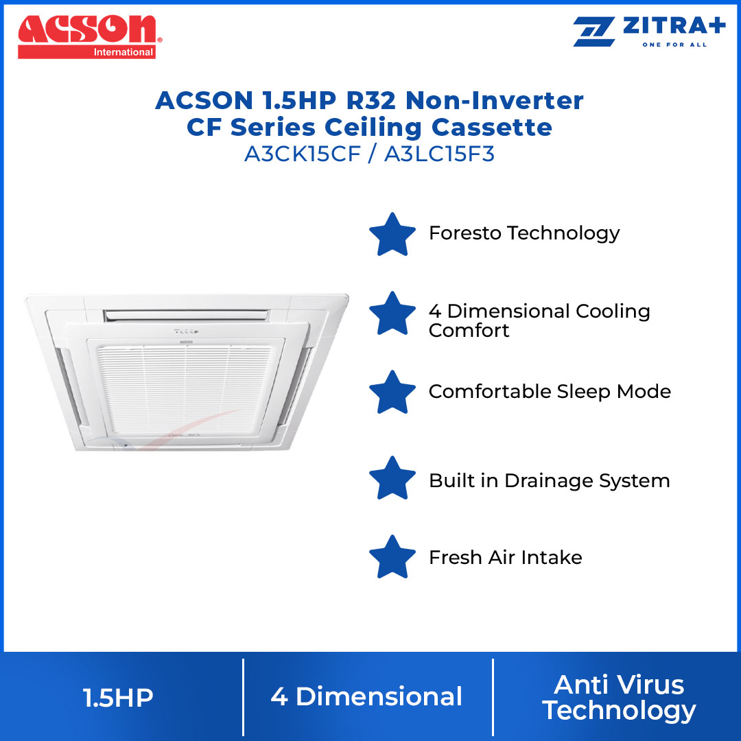 ACSON 1.5HP R32 Non-Inverter CF Series Ceiling Cassette (Indoor) A3CK15CF / A3LC15F3 | 4 Dimensional Cooling Comfort | Sleep Mode | Plusma Technology | Ceiling Cassette with 1 Year Warranty