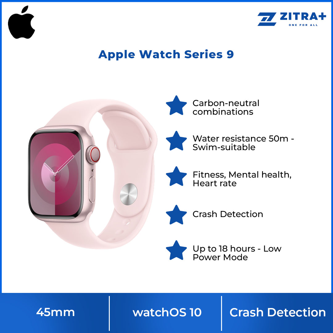 Apple Watch Series 9 Pink Aluminum Case with Pink Solo Loop - GPS + Cellular | Carbon-Neutral | Powerful insights at a glance | Crash Detection | Apple Watch with 1 Year Warranty