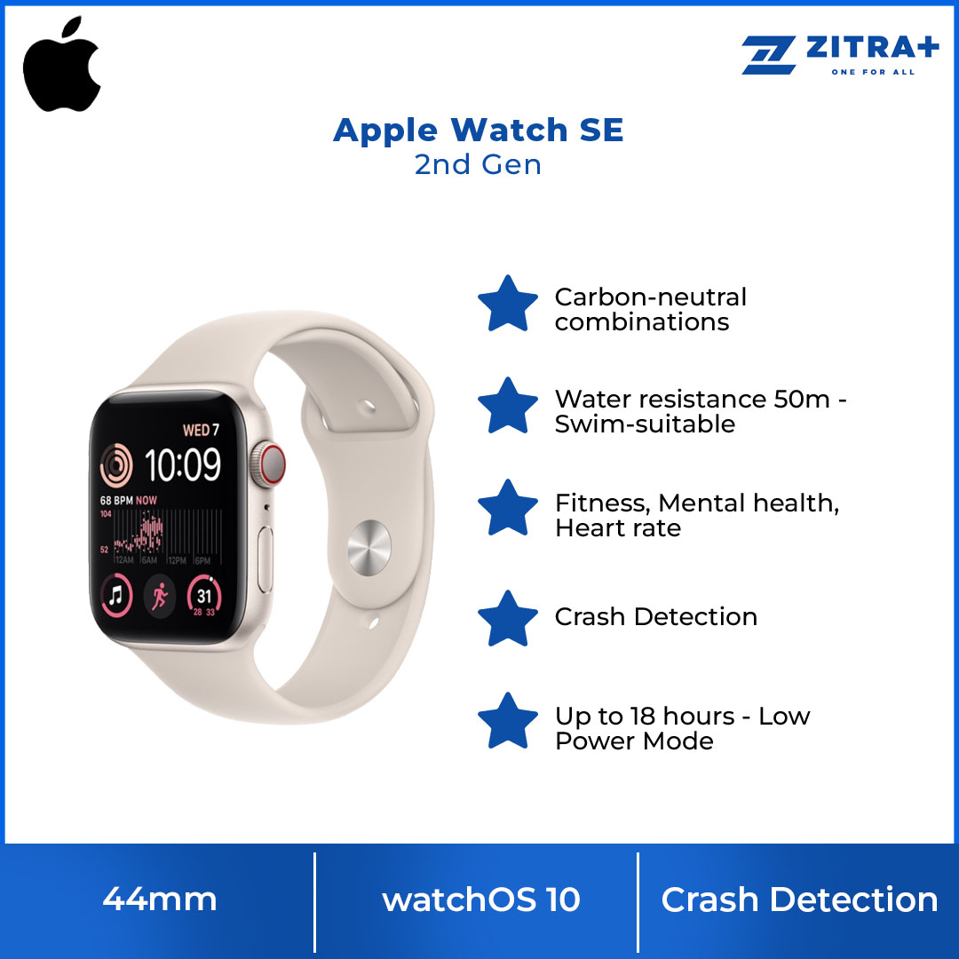 Apple Watch SE (2nd Gen) Starlight Aluminum Case with Starlight Sport Band | Water resistance | Carbon Neutral | Crash Detection | Apple Watch with 1 Year Warranty