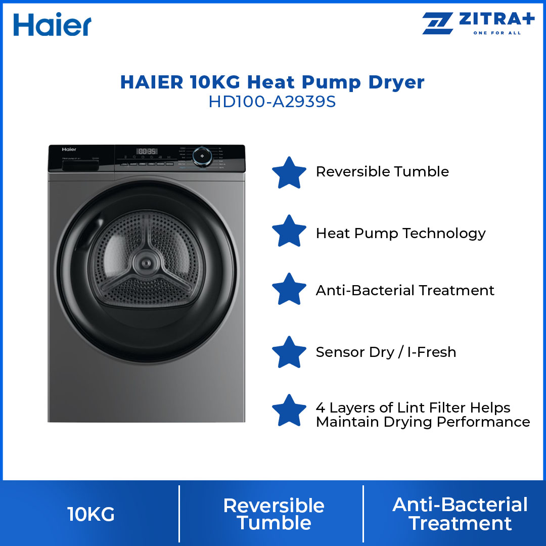 HAIER 10KG Heat Pump Dryer HD100-A2939S | Reversible Tumble | Sensor Dry |  I-Fresh | Dryer with 2 Year Warranty