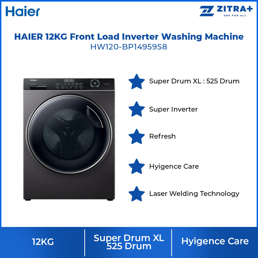 HAIER 12KG Front Load Inverter Washing Machine HW120-BP14959S8 | Super Inverter | Super Drum XL : 525 Drum | Hygiene Care | Laser Welding Technology | Washing Machine with 2 Years Warranty