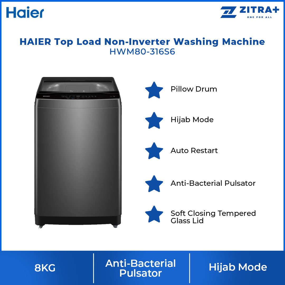 HAIER 8KG Top Load Non Inverter Washing Machine HWM80-316S6 | Anti-Bacterial Pulsator | Auto Restart | Hijab Mode | Pillow Drum | Washing Machine with 2 Years Warranty