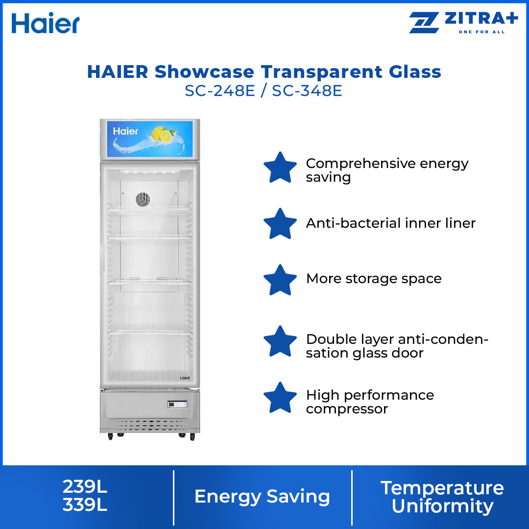 HAIER 239L/339L Showcase SC-248E/SC-348E | Antibacterial | Door with Low-e Glass | Interior LED Light | Lock Slot | Big Canopy | Freezer with 2 Year Warranty