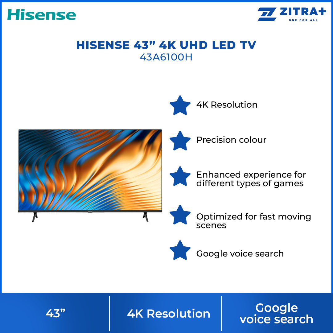 HISENSE 43" 4K UHD LED TV 43A6100H | VIDAA U5 | 4K Resolution | Sport Mode | Smart TV with 3 Year Warranty