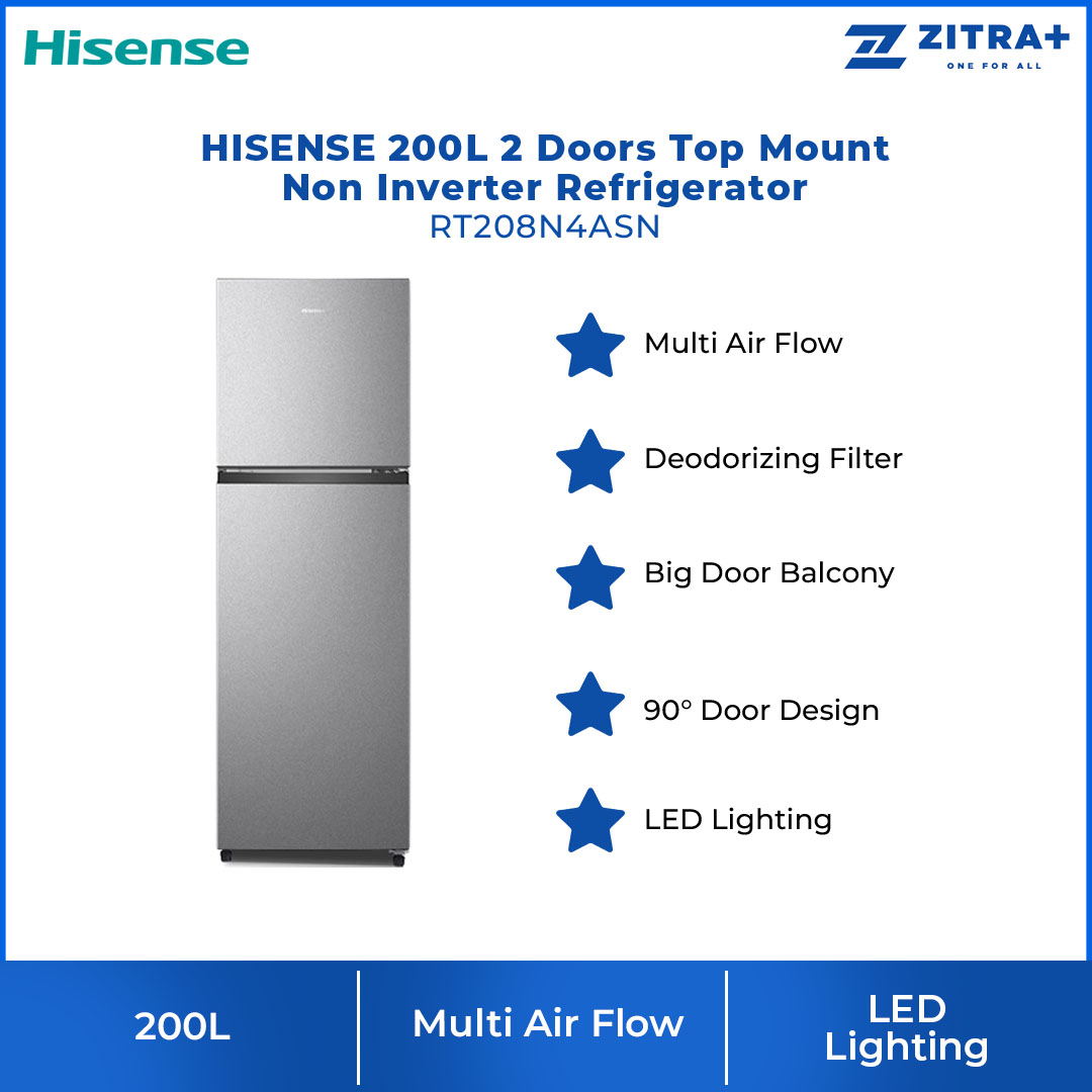 HISENSE 200L 2 Doors Top Mount Non Inverter Refrigerator RT208N4ASN | 90° Door Design | LED Lighting :Illuminate Every Corner | Big Door Balcony | Multi Air Flow | Refrigerator with 2 Years Warranty