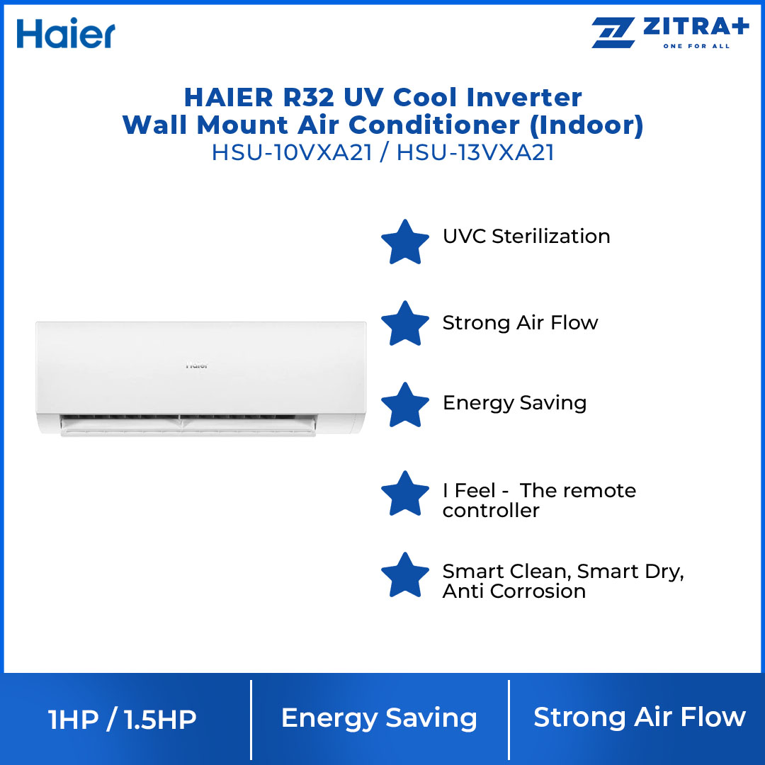 HAIER 1HP/1.5HP R32 UV Cool Inverter Wall Mount Air Conditioner HSU-10VXA21 / HSU-13VXA21 | Energy Saving | Smart Clean | Air Conditioner with 3 Year Warranty