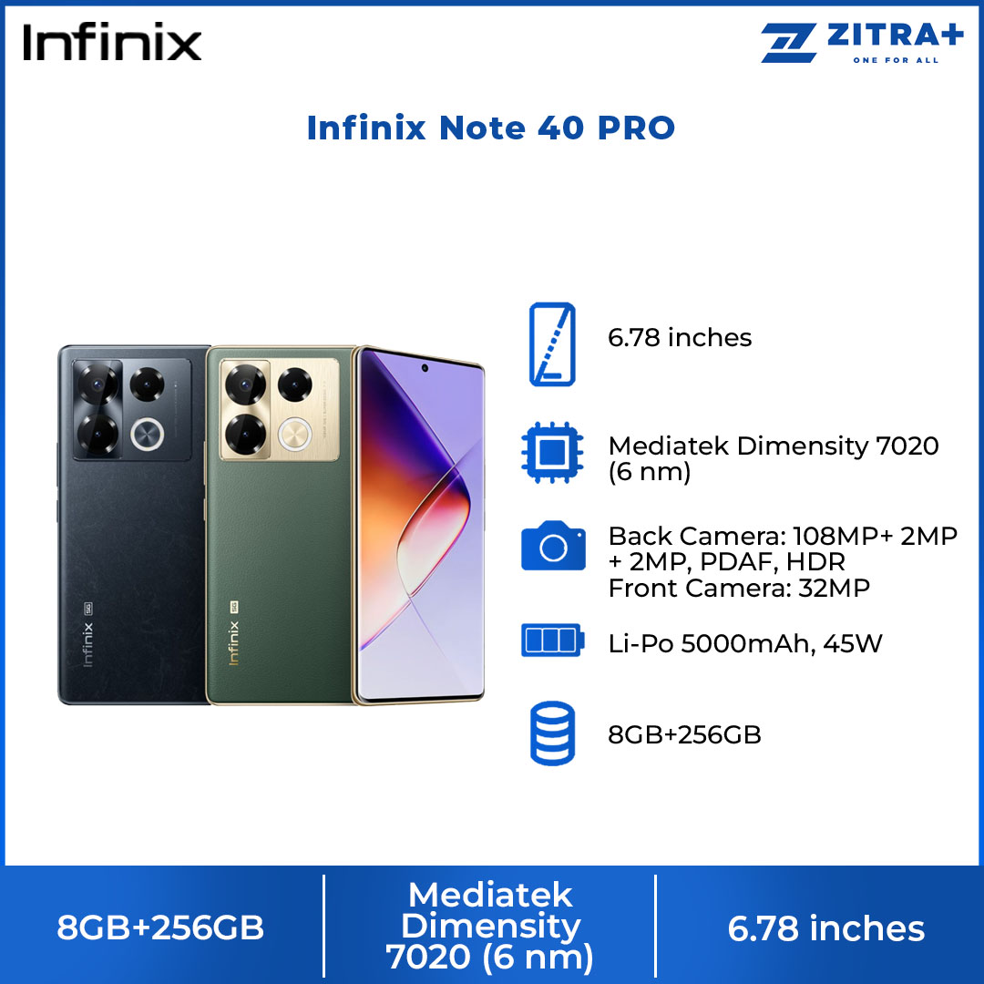 Infinix Note 40 PRO 8GB+256GB | 5000mAh | 45W | Android 14 | XOS 14 | 6.78 inches + AMOLED | Mediatek Dimensity 7020 (6 nm) | Smartphone with 1 Year Warranty