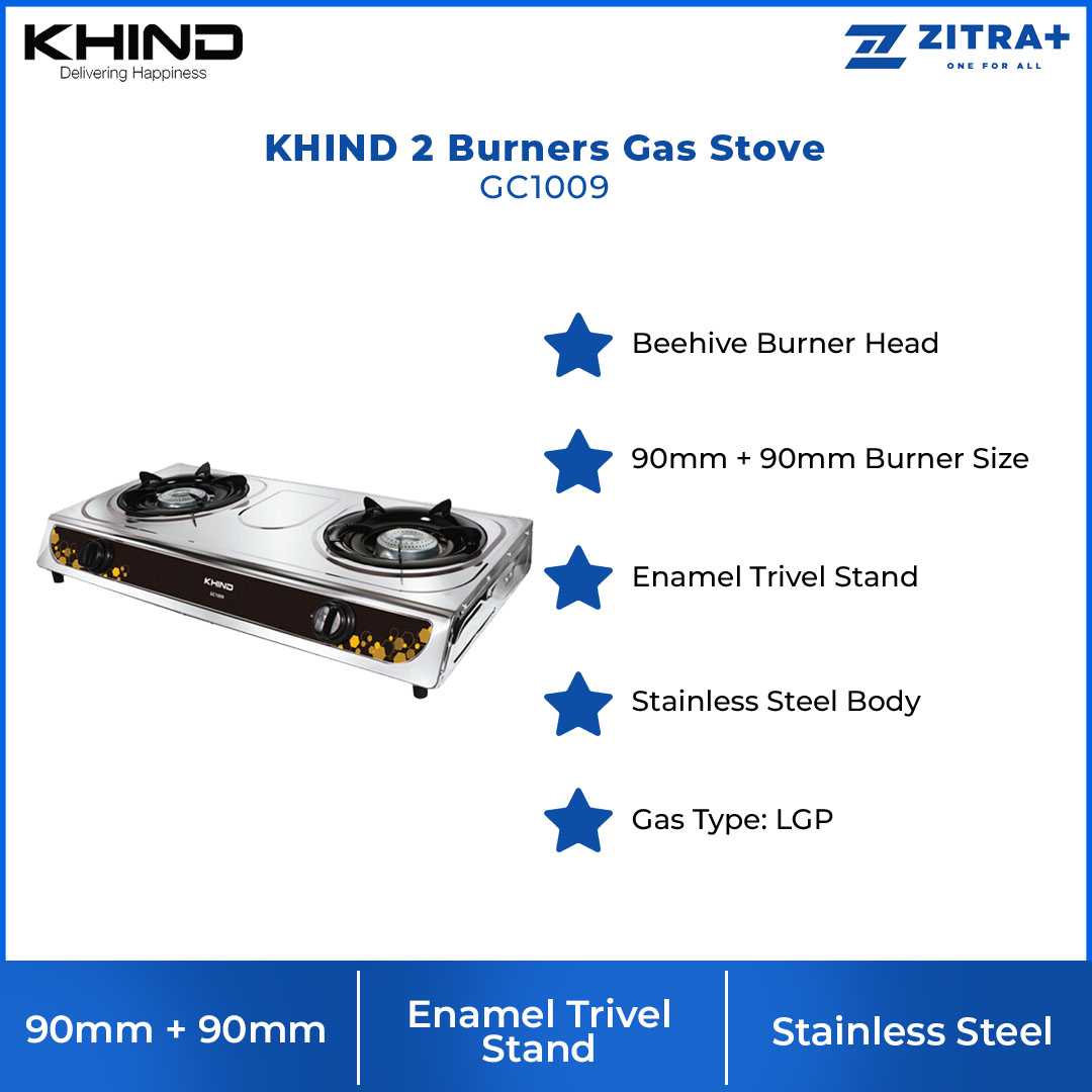 KHIND 2 Burners Gas Stove GC1009 | Beehive Burner Head | Stainless Steel Body | Enamel Trivel Stand | Gas Stove with 1 Year Warranty