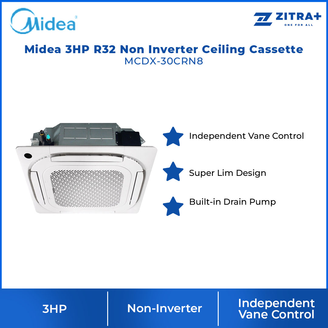Midea 3HP R32 Non Inverter Ceiling Cassette (Indoor) MCDX-30CRN8 | Independent Vane Control | Super Lim Design | Built-in Drain Pump | Air Conditioner with 1 Year Warranty