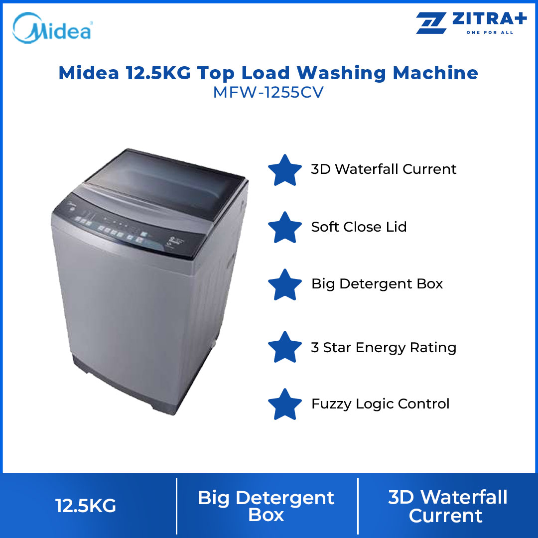 Midea 12.5KG Top Load Washing Machine MFW-1255CV | 3D Waterfall Current | Soft Close Lid | Fuzzy Logic Control | Washing Machine with 2 Years Warranty
