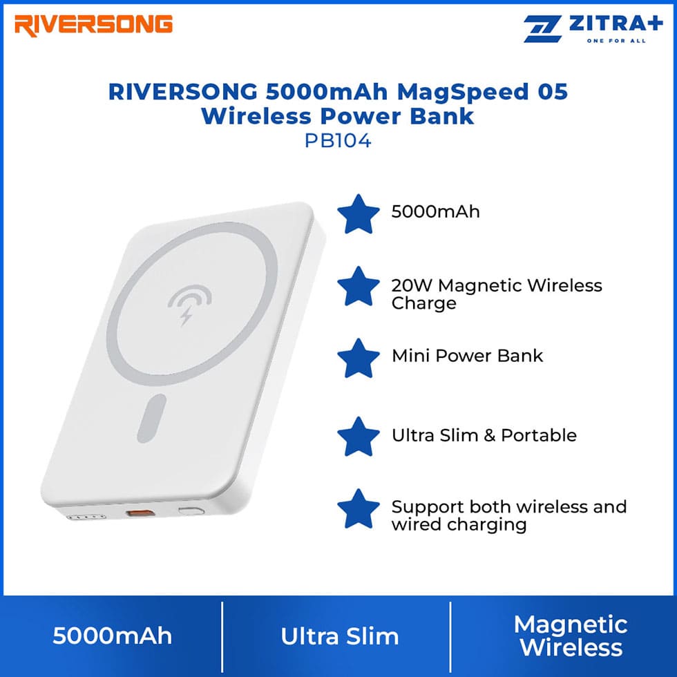 RIVERSONG 5000mAh MagSpeed 05 Wireless Power Bank PB104 | Ultra Magnetic | Ultra Slim & Portable | Mini Power Bank | Power Bank with 1 Year Warranty