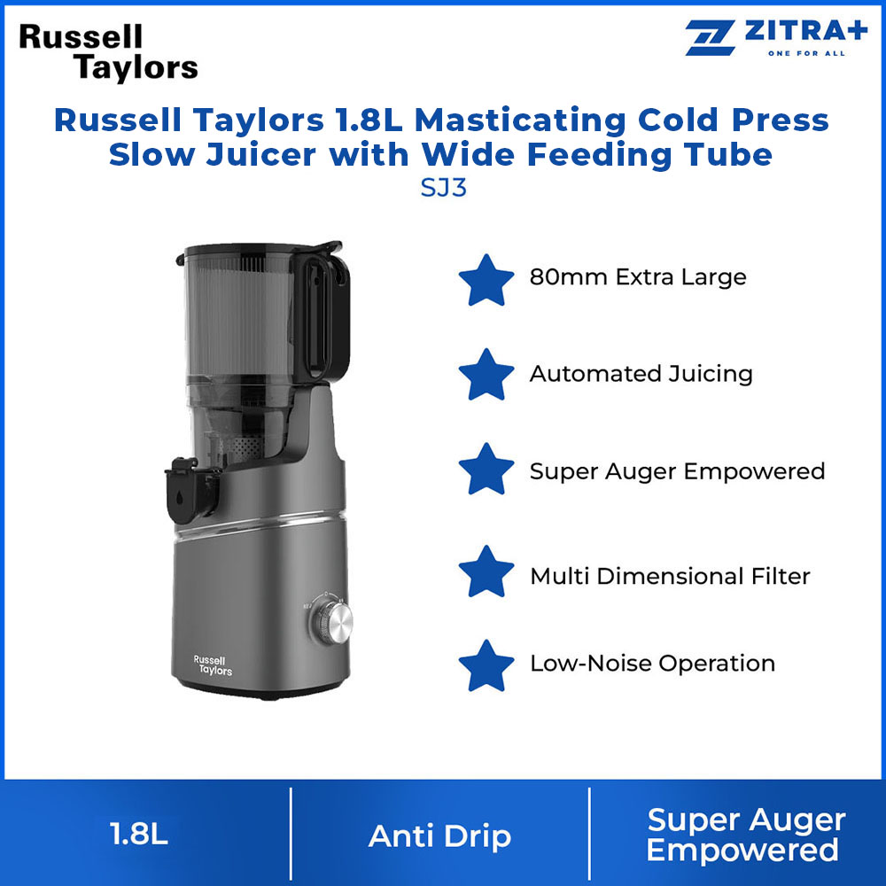 Russell Taylors 1.8L Masticating Cold Press Slow Juicer with Wide Feeding Tube SJ3 | 200W | Dishwasher Safe | Whole Fruit Juicer | Juicer with 2 Years Warranty