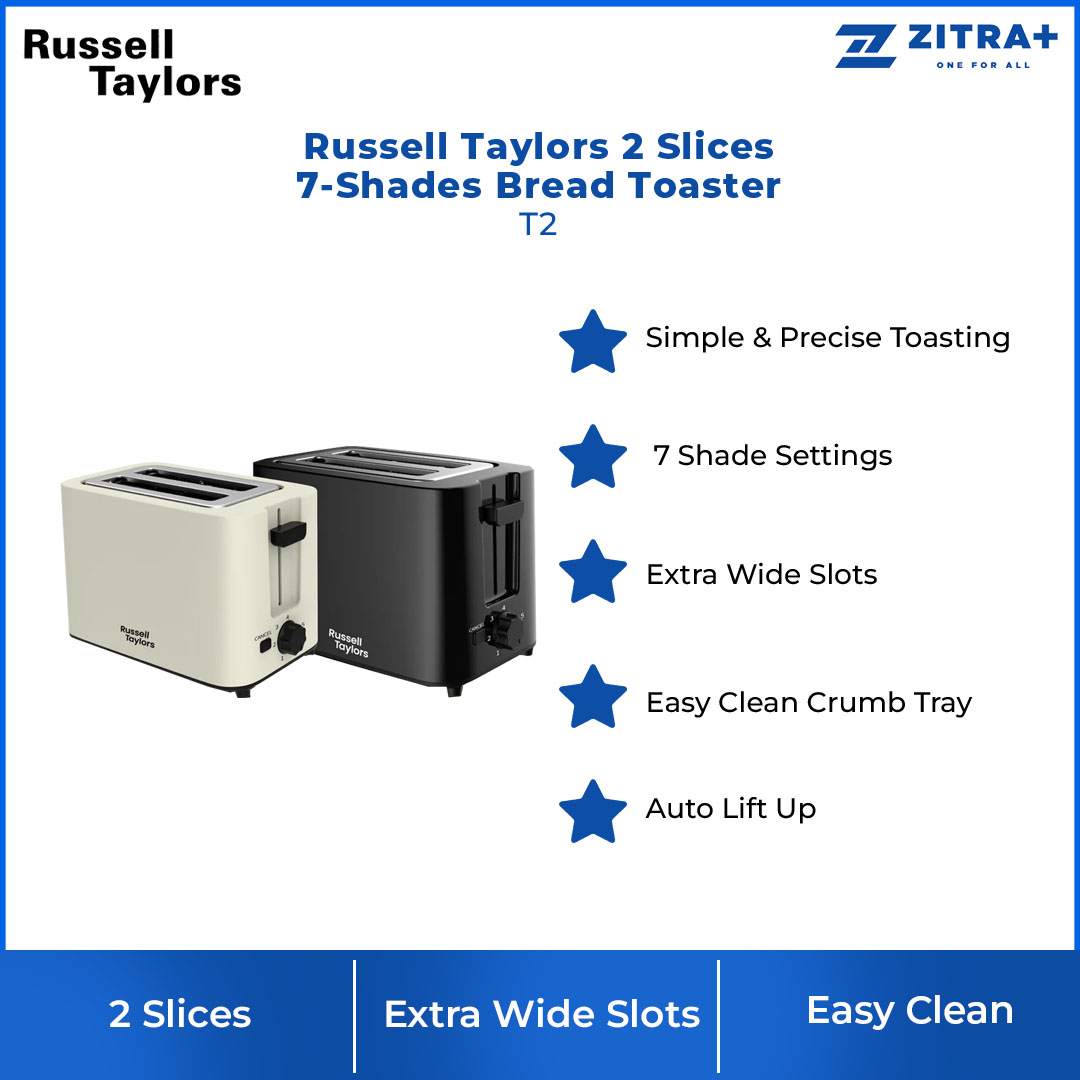 Russell Taylors 2 Slices 7-Shades Bread Toaster T2 |  7 Shade Settings | Extra Wide Slots | Auto Lift Up | Cancel Function |  Easy Clean Crumb Tray | Toaster with 2 Years Warranty