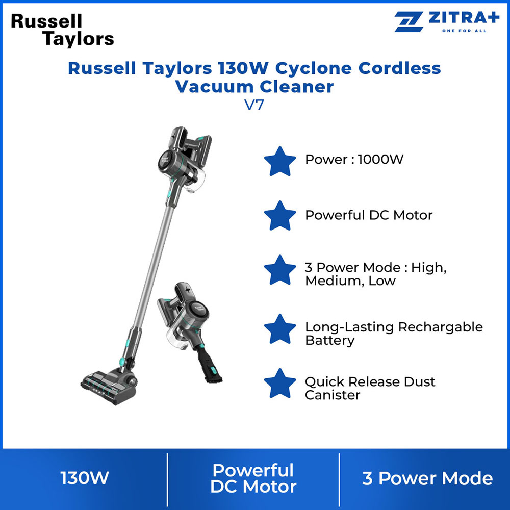 Russell Taylors 130W Cyclone Cordless Vacuum Cleaner V7 | Rechargable  Battery | 3 Power Mode | Powerful DC Motor | Vacuum Cleaner with 2 Year Warranty