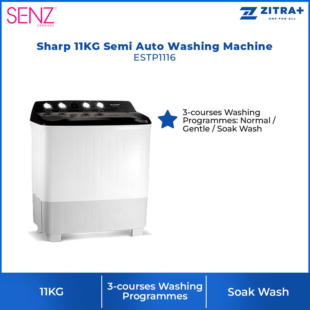 Sharp 11KG Semi Auto Washing Machine ESTP1116 | 3-courses Washing Programmes | Wash Timer | Spin Timer | Washing Machine with 1 Year Warranty