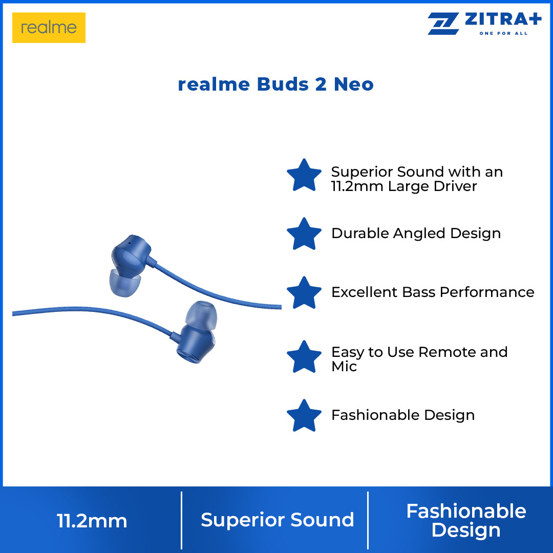 realme Buds 2 Neo | Durable Angled Design | Excellent Bass Performance | Superior Sound with an 11.2mm Large Driver | Active Noise Cancellation | Earbud with 6 months Warranty