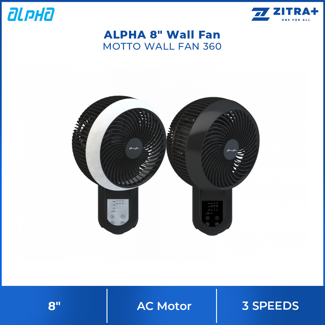 ALPHA 8" Wall Fan MOTTO WALL FAN 360 | Up & Down Manual Swing | 3 Fan Speed | 3 Blades | 360 Oscillation | Remote Comtrol | Touch Panel | 3 Mode Settings | Wall Fan with 1 Year Warranty