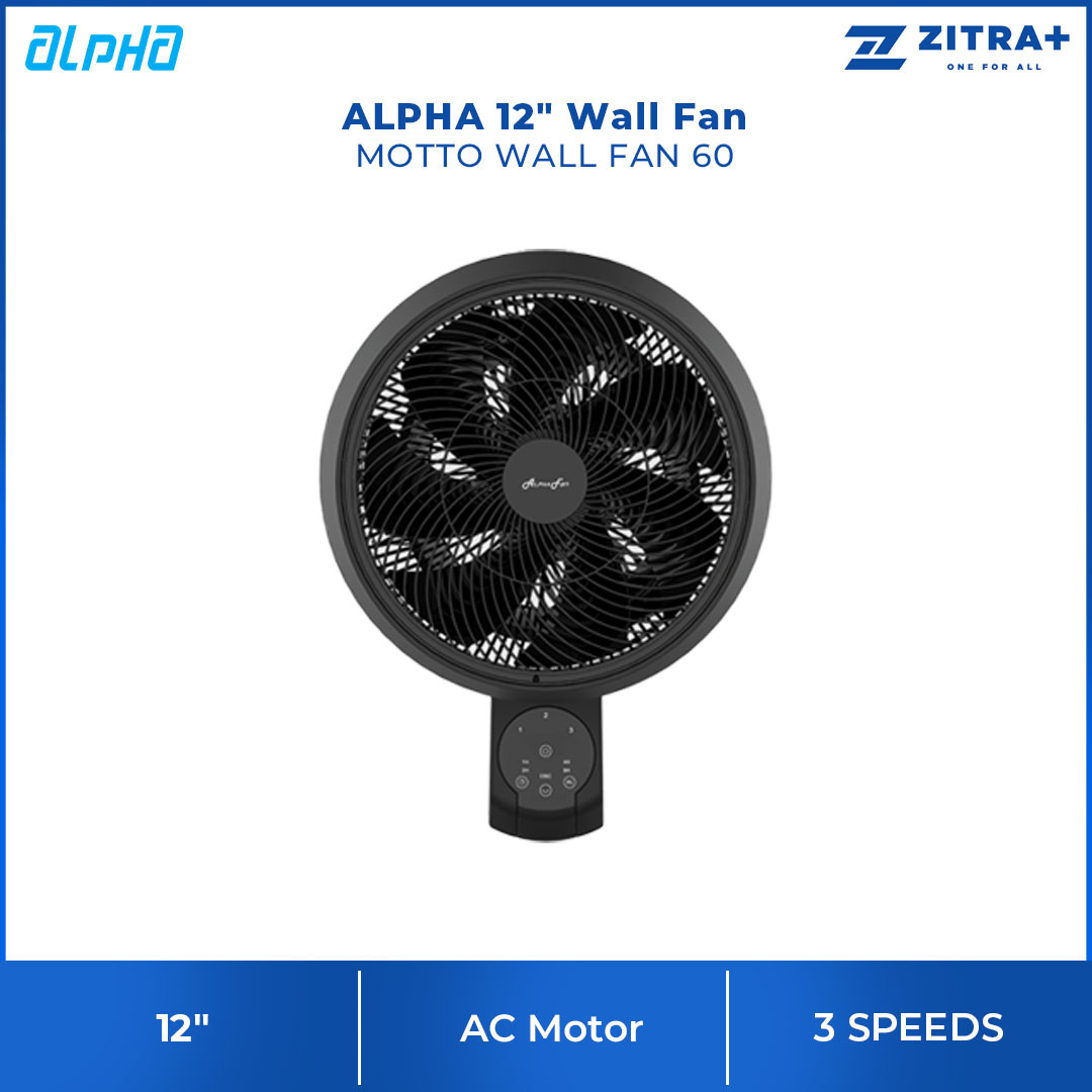 ALPHA 12" Wall Fan MOTTO WALL FAN 60 | 3 Fan Speed | 7 Blades | Auto Swing | Timer Off | Touch Panel | Remote Control | Wall Fan with 1 Year Warranty