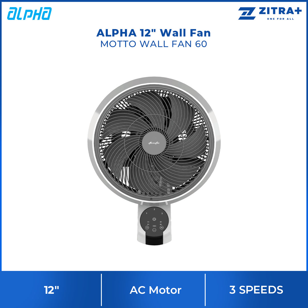 ALPHA 12" Wall Fan MOTTO WALL FAN 60 | 3 Fan Speed | 7 Blades | Auto Swing | Timer Off | Touch Panel | Remote Control | Wall Fan with 1 Year Warranty