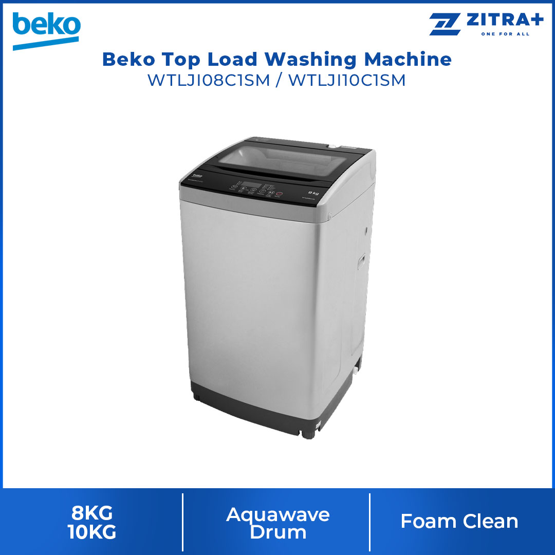 Beko Top Load Non-Inverter Washing Machine WTLJI08C1SM/WTLJI10C1SM | 10 Programmes | Quick Wash | DrumClean | Air-Dry | Fuzzy Control | Child Lock | Washing Machine with 2 Years Warranty