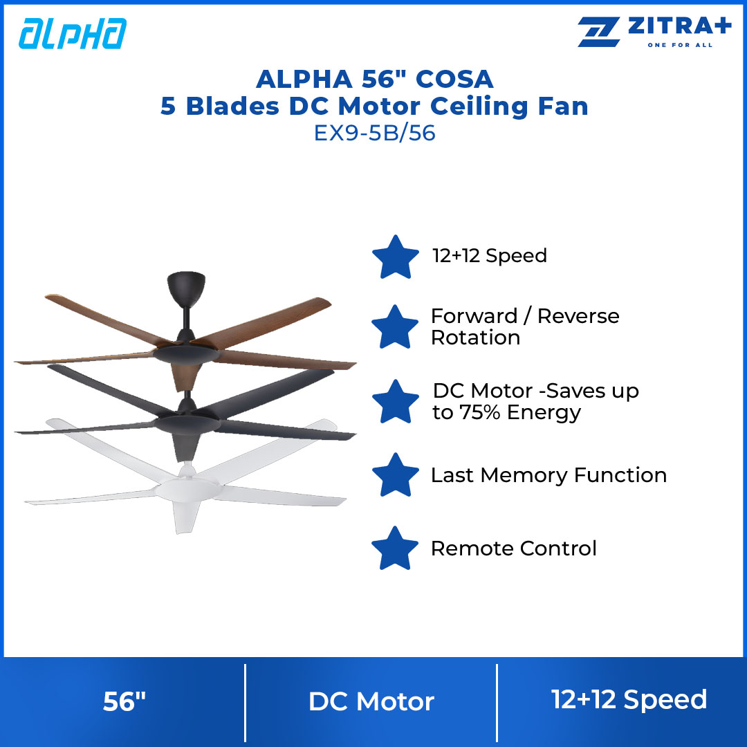 ALPHA 56" COSA 5 Blades DC Motor Ceiling Fan EX9-5B/56 | DC Motor | 12+12 Speed | Natural Wind | Sleep Wind | Timer Off | Ceiling Fan with 1 Year Warranty