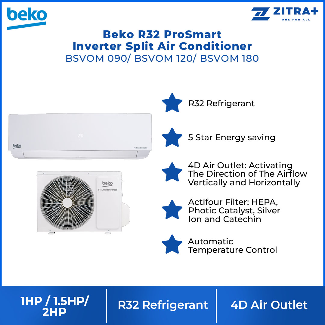 Beko R32 ProSmart Inverter Split Air Conditioner BSVOM 090 / BSVOM 120 / BSVOM 180 | Auto Restart | Dehumidifying | Auto Temperature Control | Sleep Mode | Energy Saving Mode | Jet Cool | Fan Speed 5 | Air Conditioner with 2 Year General Warranty