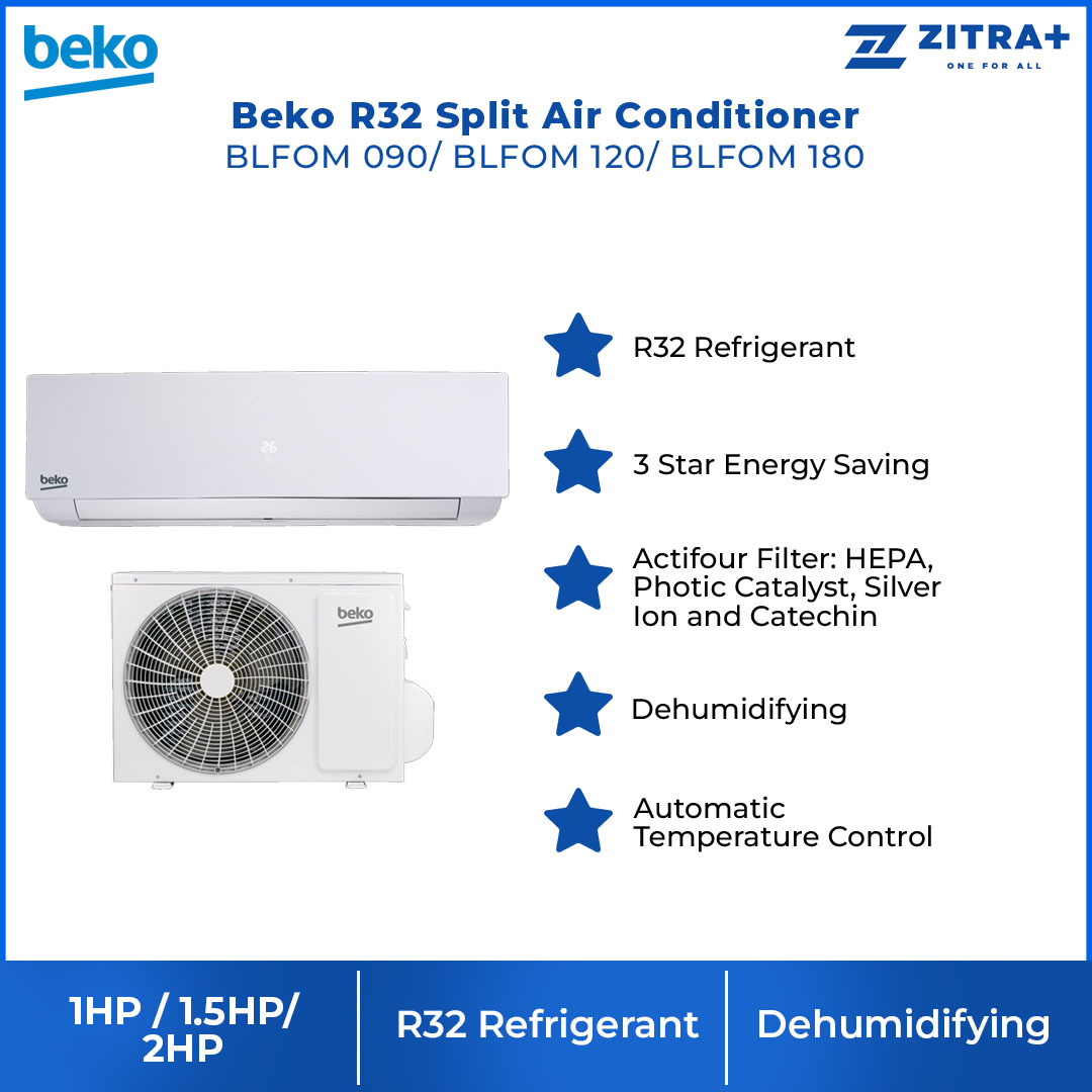 Beko R32 Split Air Conditioner BLFOM 090 / BLFOM 120 / BLFOM 180 | Dehumidifying | Auto Temperature Control | Sleep Mode | Timer | Automatic Air Direction | Air Conditioner with 2 Year General & 12 Year Motor Warranty