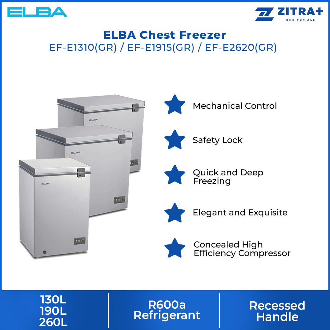 ELBA 130L|190L|260L Chest Freezer EF-E1310(GR)/EF-E1915(GR)/EF-E2620(GR) | R600a | Mechanical Control | Recessed Handle | Safety Lock | Chest Freezer with 1 Year General Warranty & 5 Years Motor Warranty