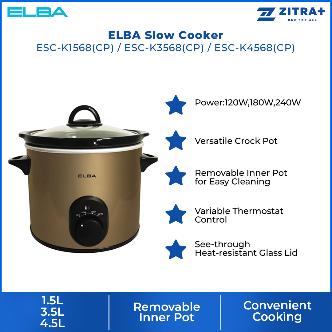 ELBA 1.5L / 3.5L / 4.5L Slow Cooker ESC-K1568(CP) / ESC-K3568(CP) / ESC-K4568(CP) | Versatile Crock Pot | Indicator Light | Variable Thermostat Control | Removable Inner Pot for Easy Cleaning | Slow Cooker with 1 Year Warranty