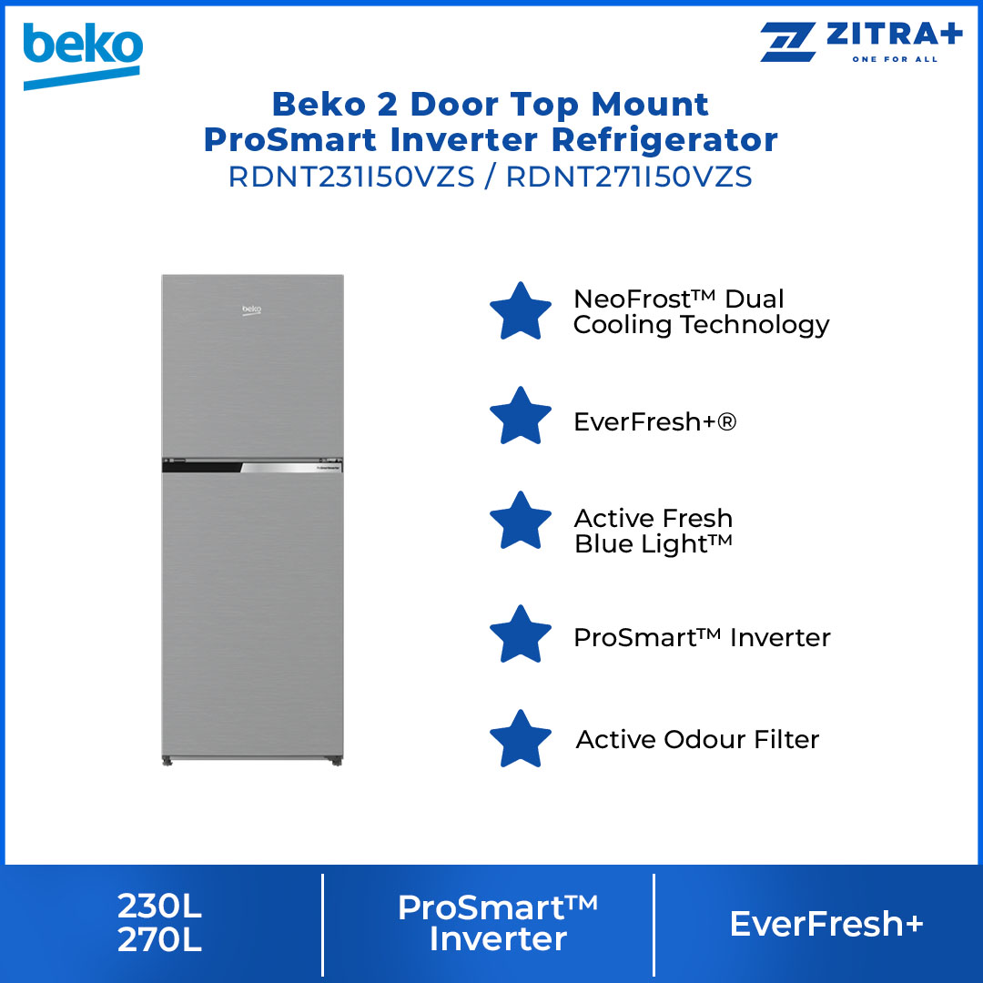 Beko 2 Door Top Mount ProSmart Inverter Refrigerator RDNT231I50VZS/RDNT271I50VZS | EverFresh+ | Active Fresh Blue Light | NeoFrost Dual Cooling | ProSmart Inverter Compressor | Refrigerator with 2 Years General Warranty & 12 Years Motor Warranty