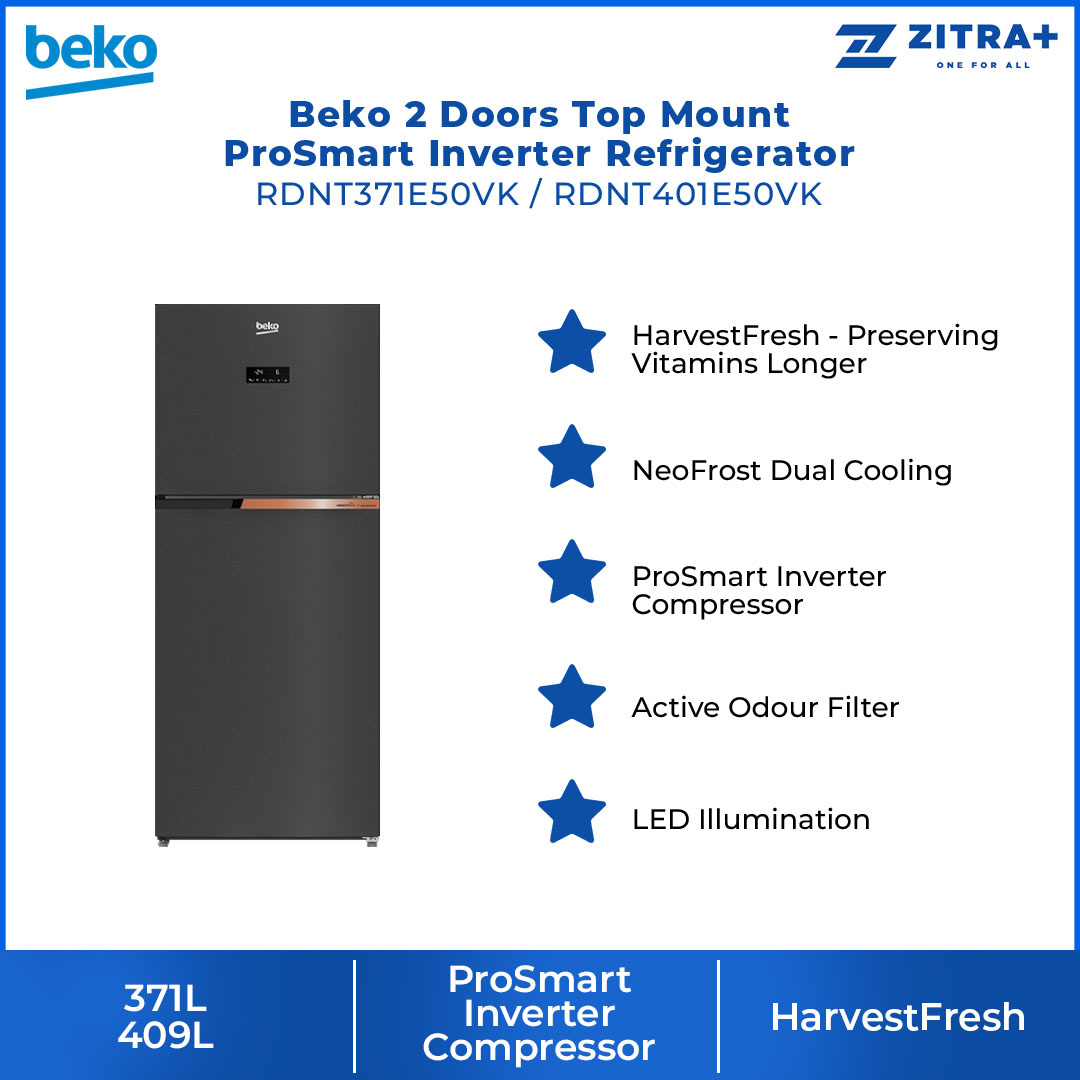Beko 2 Door Top Mount ProSmart Inverter Refrigerator RDNT371E50VK/RDNT401E50VK | NeoFrost Dual Cooling | ProSmart Inverter Compressor | Active Odour Filter | Refrigerator with 2 Years General Warranty & 12 Years Motor Warranty